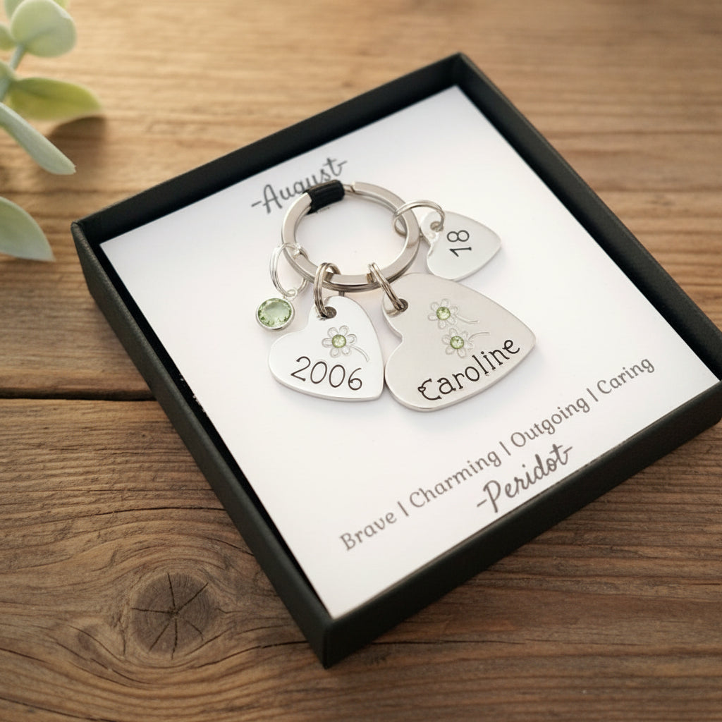 Keychain with engraved charms in a gift box