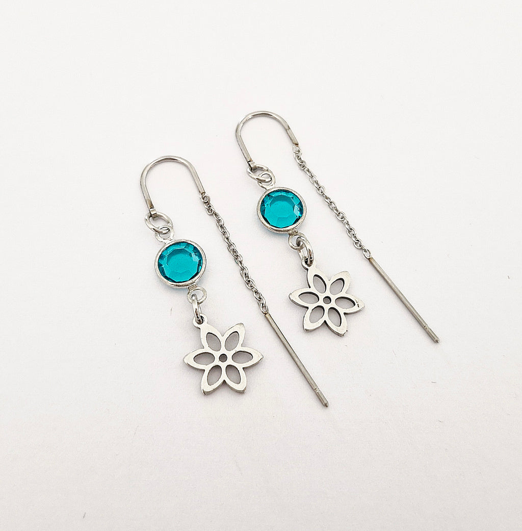 Birthstone Crystal Threader Earrings with Flower Charm