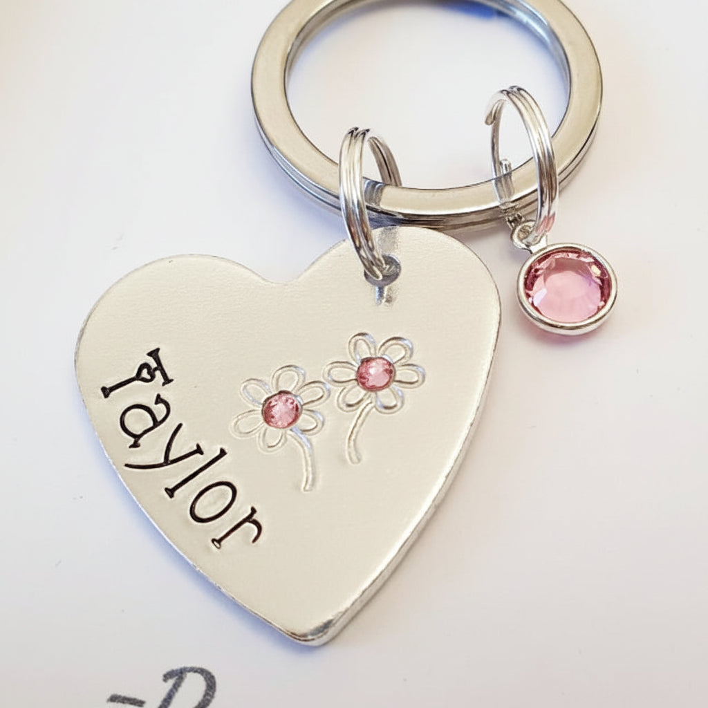 Personalised Birthstone Heart Keyring | Hand-Stamped Name Keychain