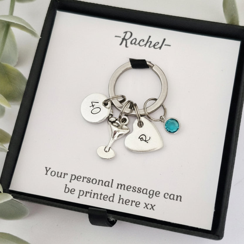 Personalised Birthday Birthstone Keyring | Cocktail Glass & Age Charm | Gift Box