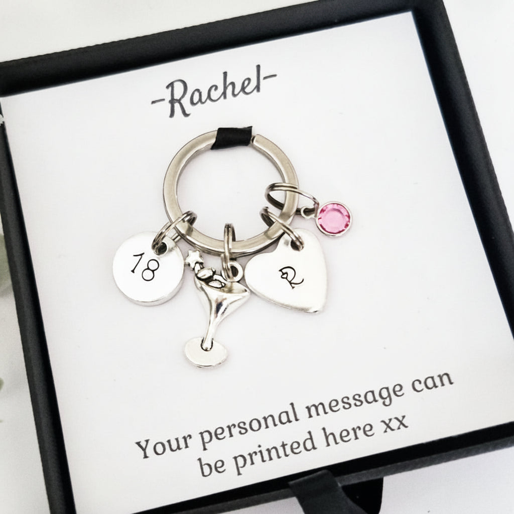 Personalised Birthday Birthstone Keyring | Cocktail Glass & Age Charm | Gift Box
