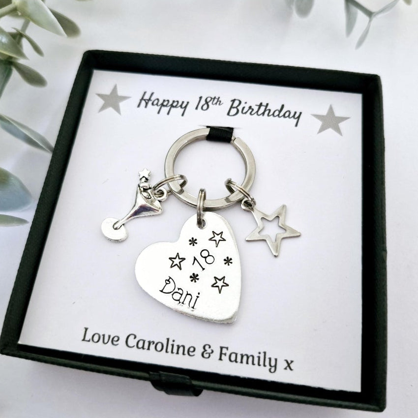 Personalised Birthday Keyring | Hand-Stamped Name & Cocktail Glass Charm | Gift Box