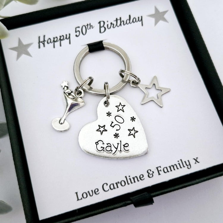 Personalised Birthday Keyring | Hand-Stamped Name & Cocktail Glass Charm | Gift Box