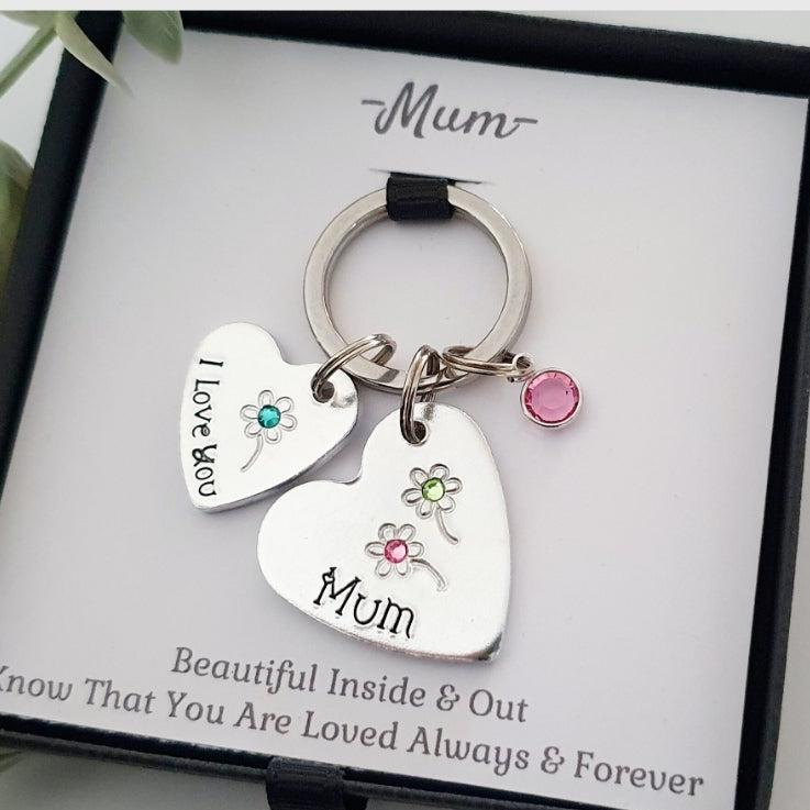 Personalised Heart Keyring with Crystal Charm | Mum Daughter Gran Gift
