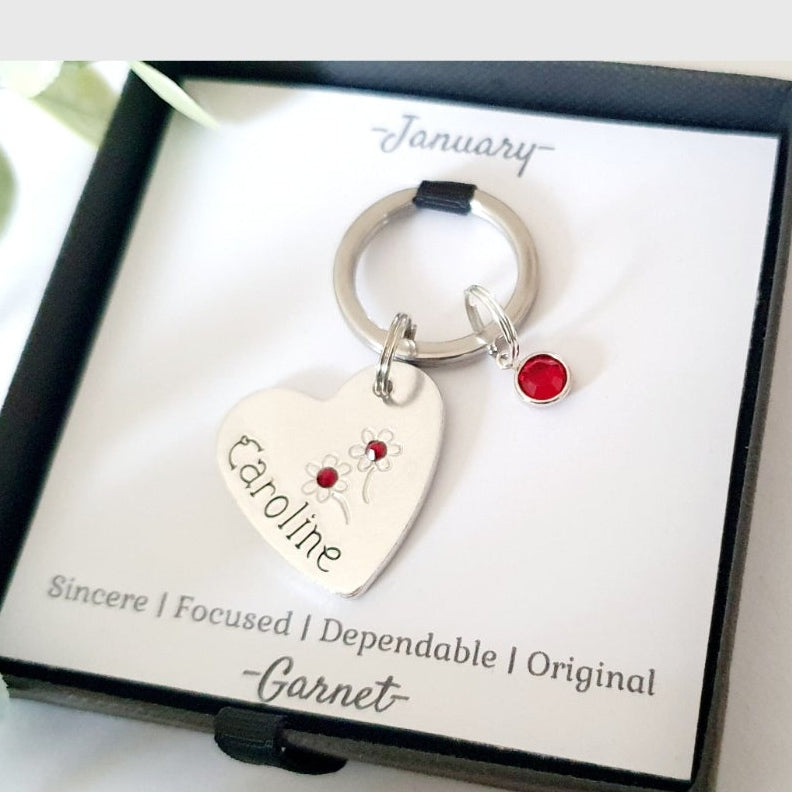 Personalised Birthstone Heart Keyring | Hand-Stamped Name Keychain