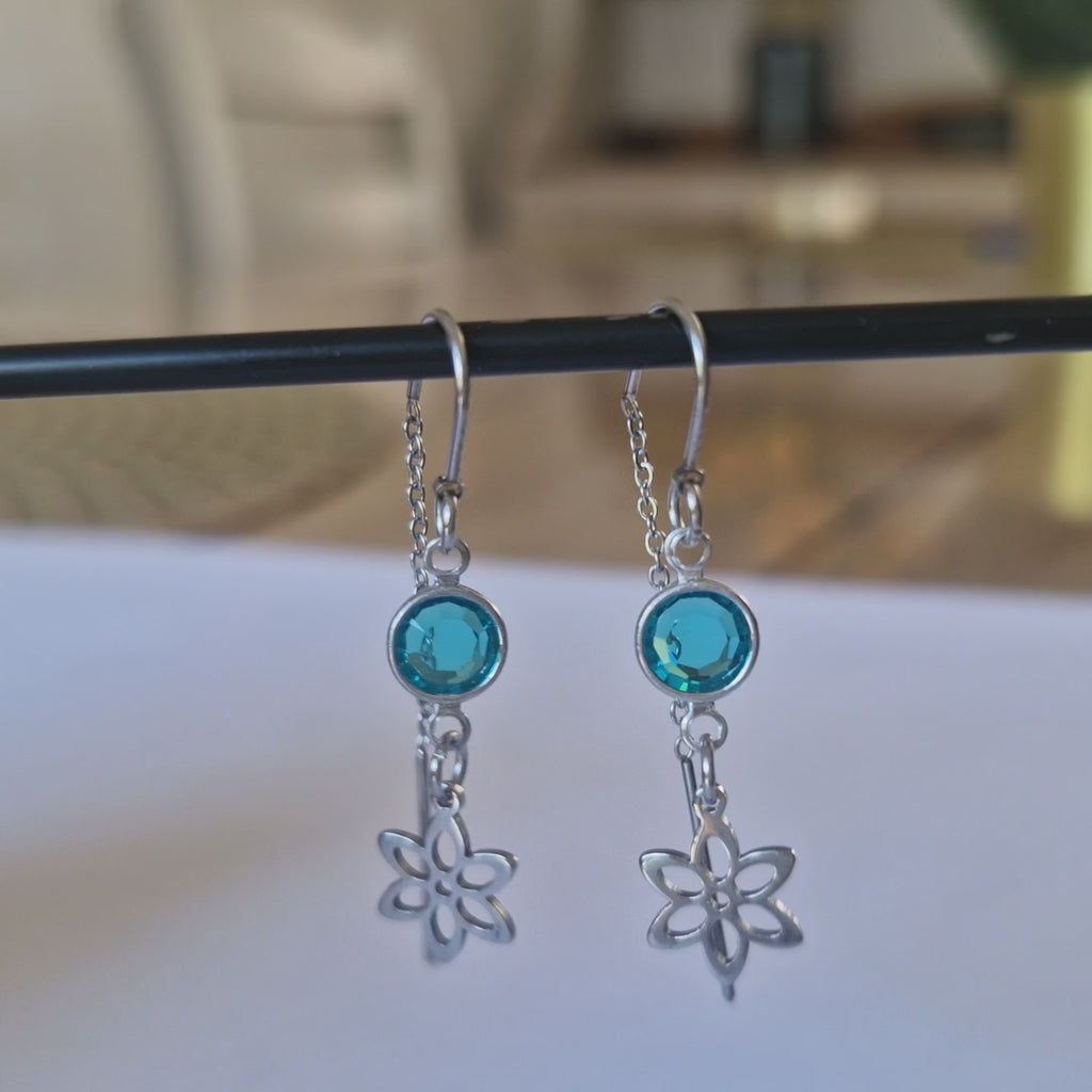 Birthstone Crystal Threader Earrings with Flower Charm