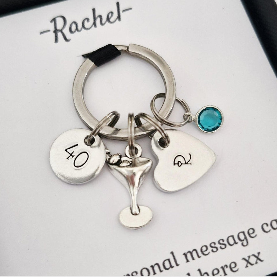 Personalised Birthday Birthstone Keyring | Cocktail Glass & Age Charm | Gift Box