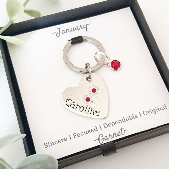 Personalised Birthstone Heart Keyring | Hand-Stamped Name Keychain
